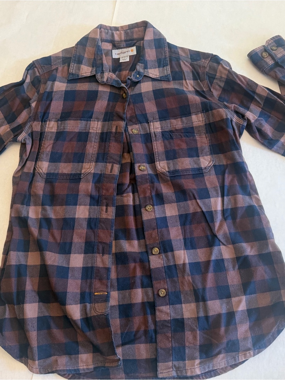 Carhartt Men's Navy and Brown Plaid Button-Down Shirt